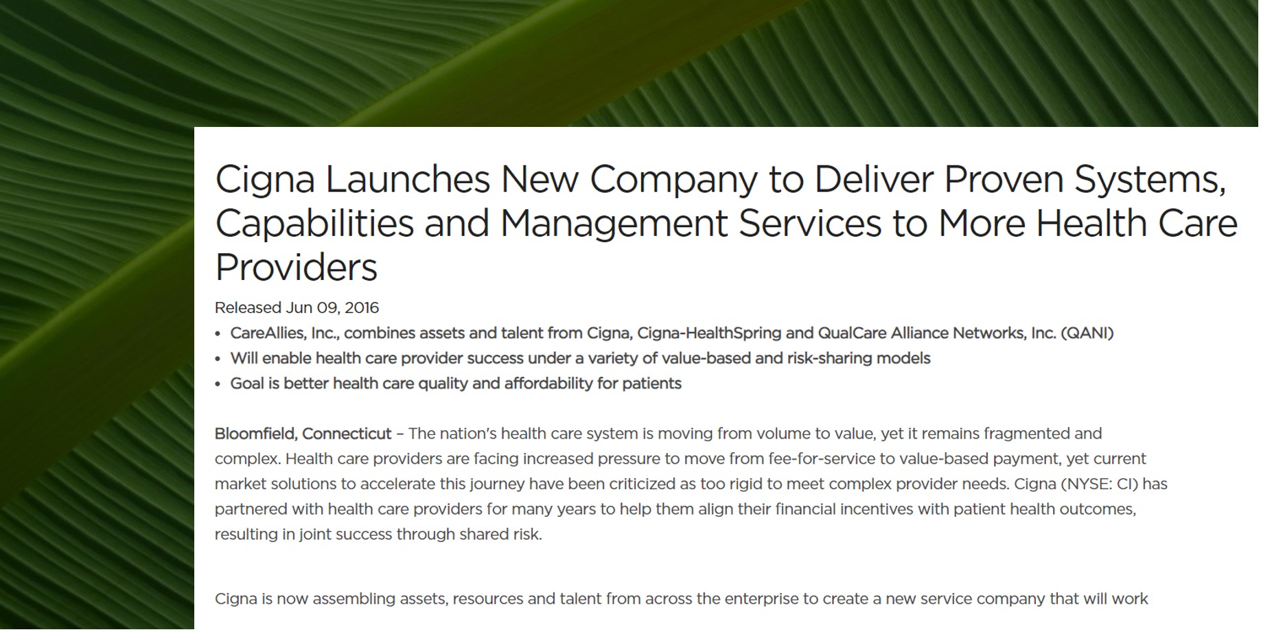 Cigna Launches New Company to Deliver Proven Systems, Capabilities and Management Services to More Health Care Providers
