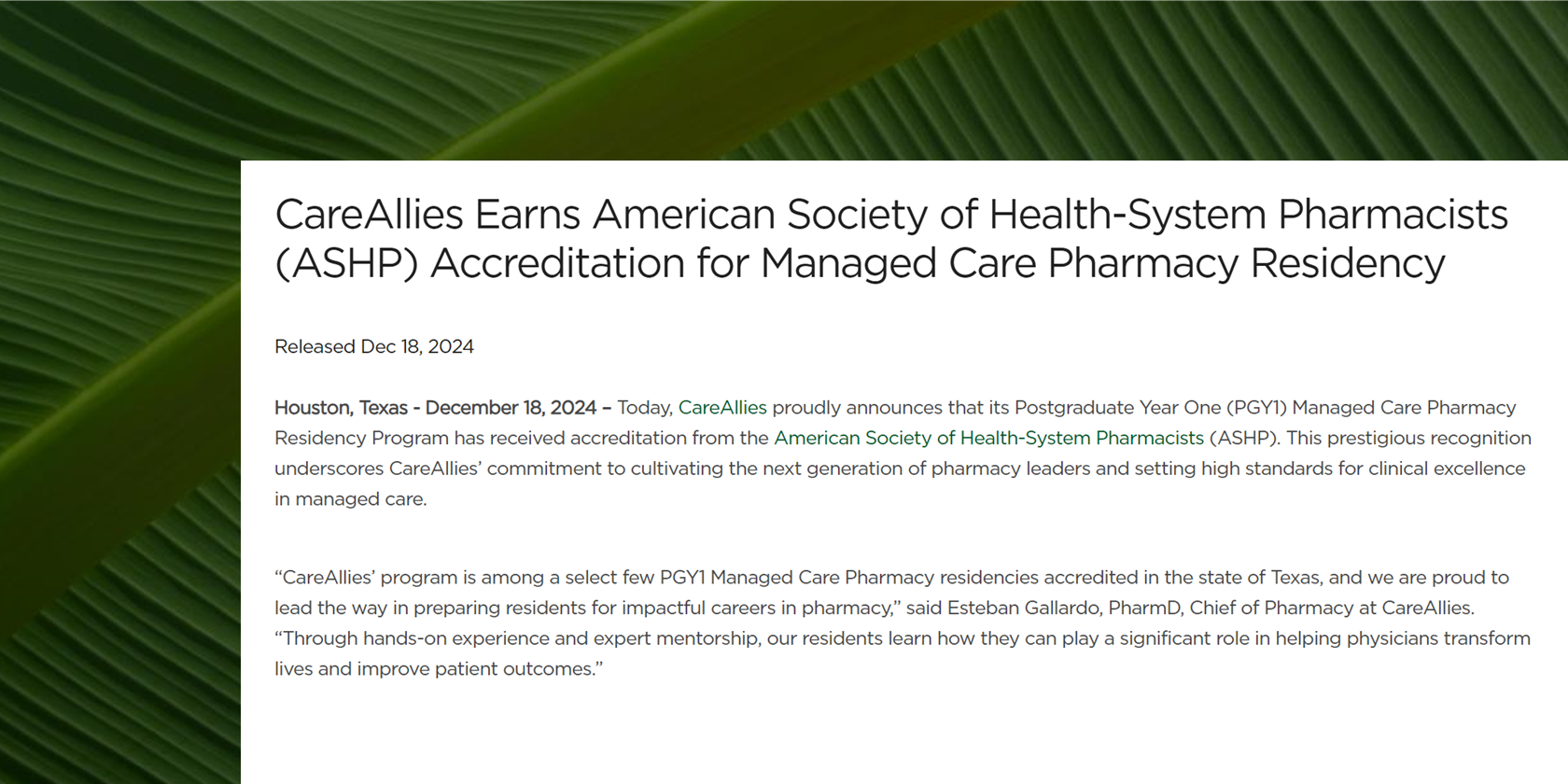 ASHP accreditation press release